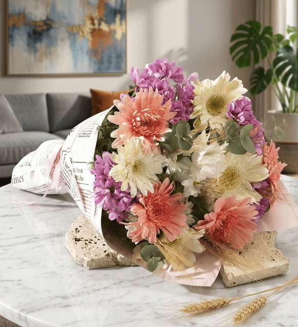 Gazete Bukette Papatyalar ve Pembe Beyaz Gerbera
