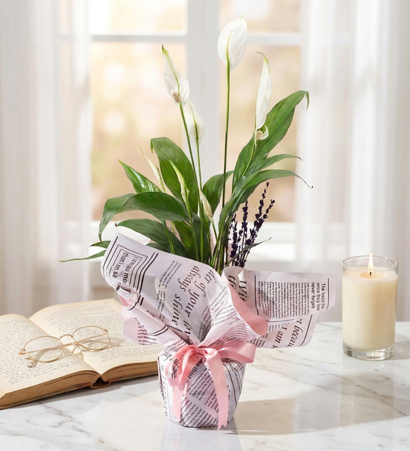 Polimer Saksıda Pembe Gazete Buketli Spatifilyum