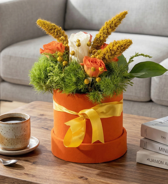 Turuncu Kadife Kutuda Turuncu ve Beyaz Güller