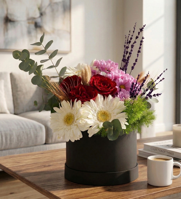 Siyah Kutuda Beyaz Gerbera Kırmızı Gül ve Papatya