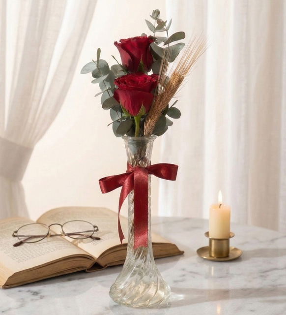 İnce Cam Vazoda Okaliptus ve 2 Kırmızı Gül