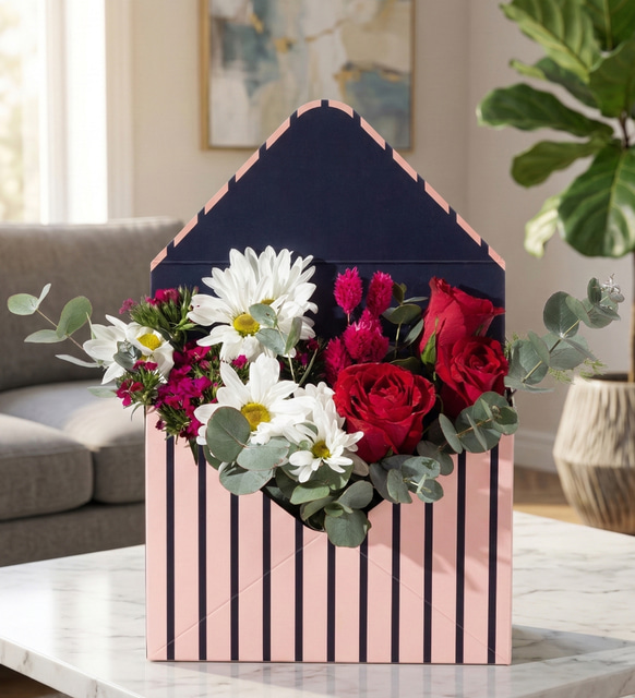 Mor Çizgili Zarfta Beyaz Papatyalar ve Kırmızı Gül