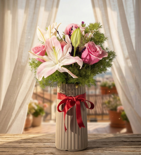 Bej Çizgili Polimer Vazoda Güller ve Pembe Lilyum