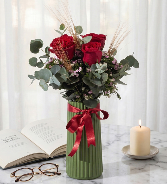 Yeşil Çizgili Vazoda Hüsnüyusuf ve Kırmızı Güller