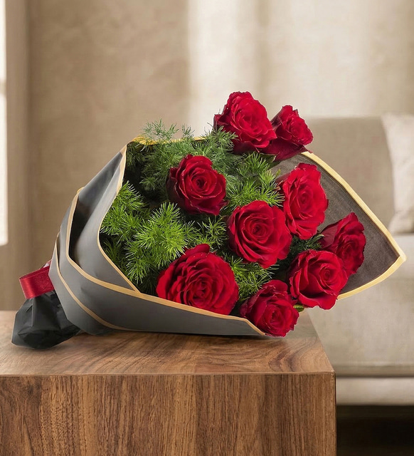 Siyah Bukette Kırmızı Kurdeleli 9 Kırmızı Gül