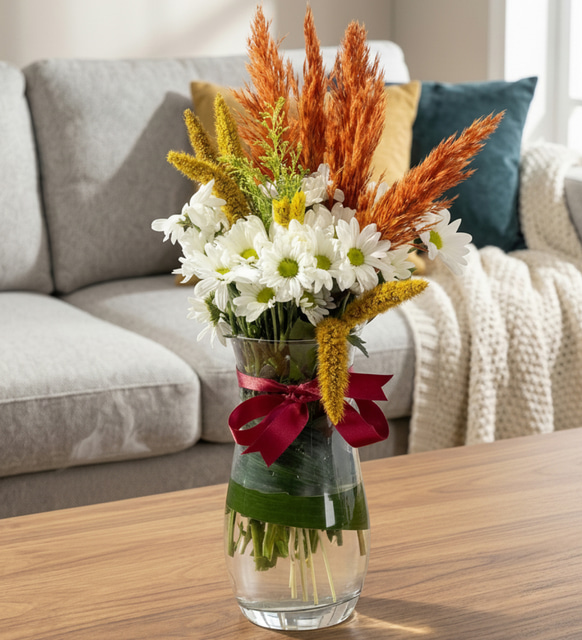 Cam Vazoda Sarı Phalaris ve Beyaz Papatyalar