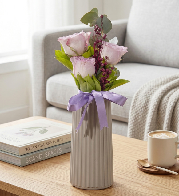 Bej Vazoda Ruskos Yeşillikleri ve 3 Lila Gül