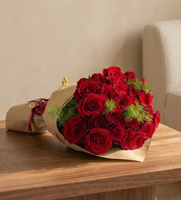 Kırmızı Kurdeleli Kraft Bukette 25'li Kırmızı Gül